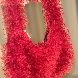 Unique Red Fluffy Shaggy Hobo Mini Handbag w one zipper pocket / Y2K